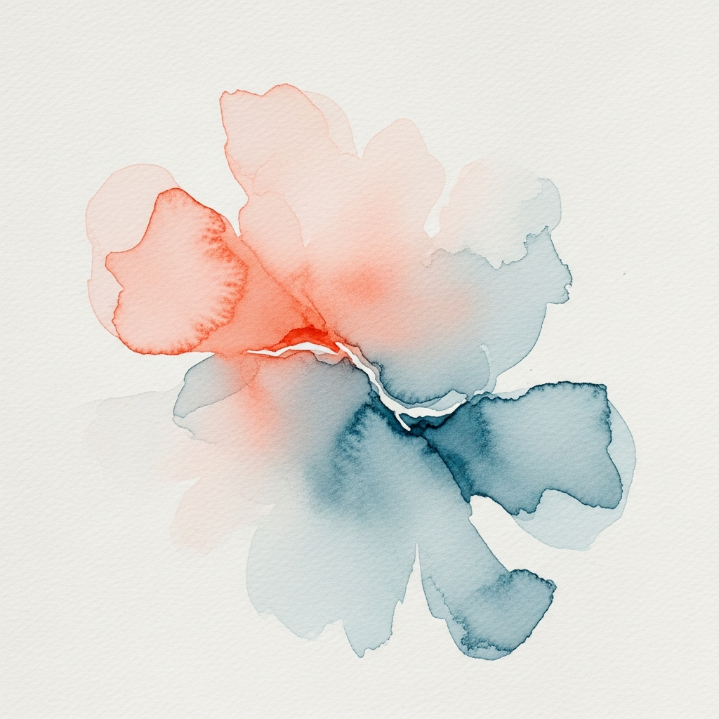 Soft watercolor abstract with coral and dusty blue tones