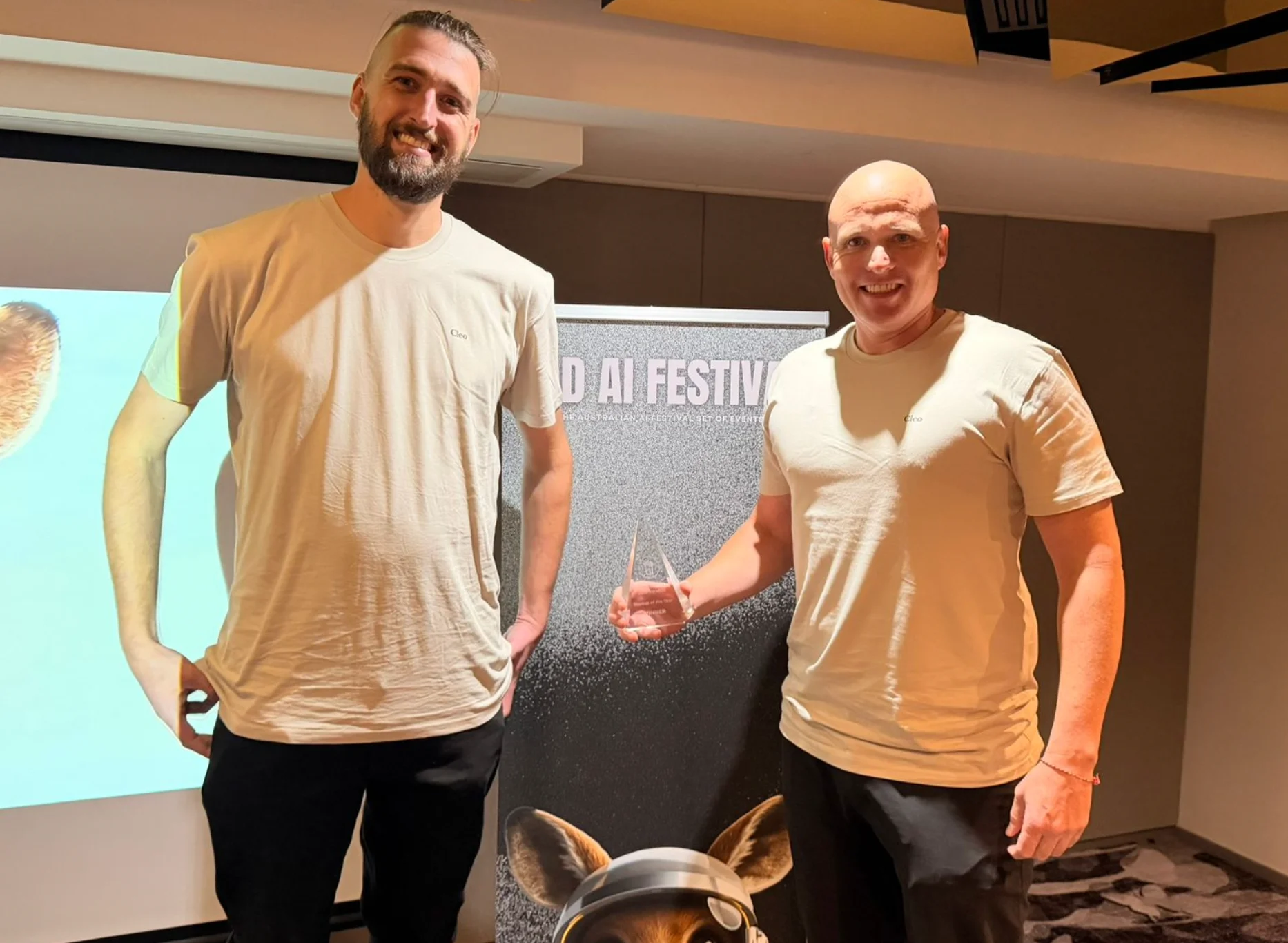 Eugene D'Hagé-Craig and Leon Hayes, co-founders of Cleo, accepting the Startup of the Year award at QLD AI Festival 2026
